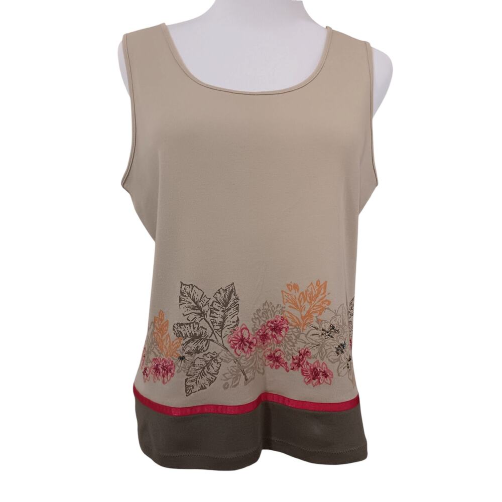LIZ CLAIBORNE Artsy Beaded Tank Cami Top Petite‎ M Flowers Leaves Foliage Nature